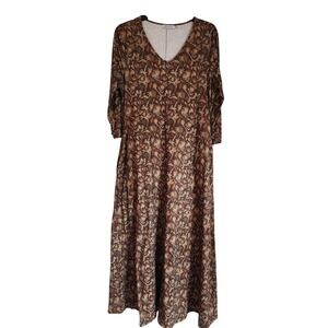 Misslook Brown Floral Pullover V-Neck Maxi Long Cotton Pockets Dress Womens 2XL